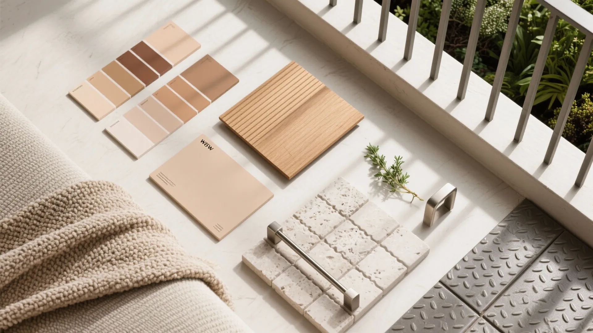 Interior design material board with wood samples stone tiles color swatches and a small plant