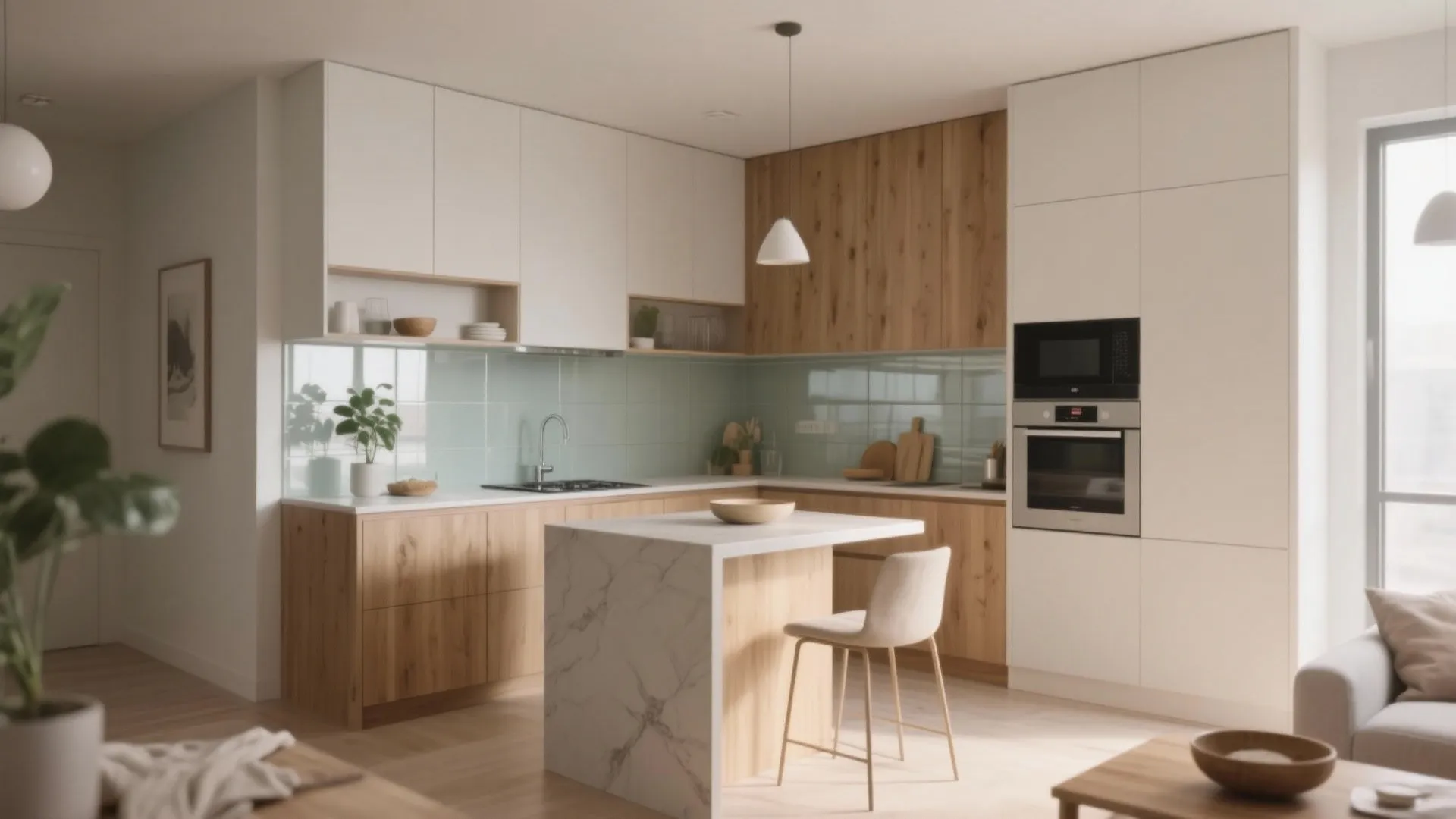 Modern kitchen with white and wood cabinets, light green tiles, marble island, and ceiling light