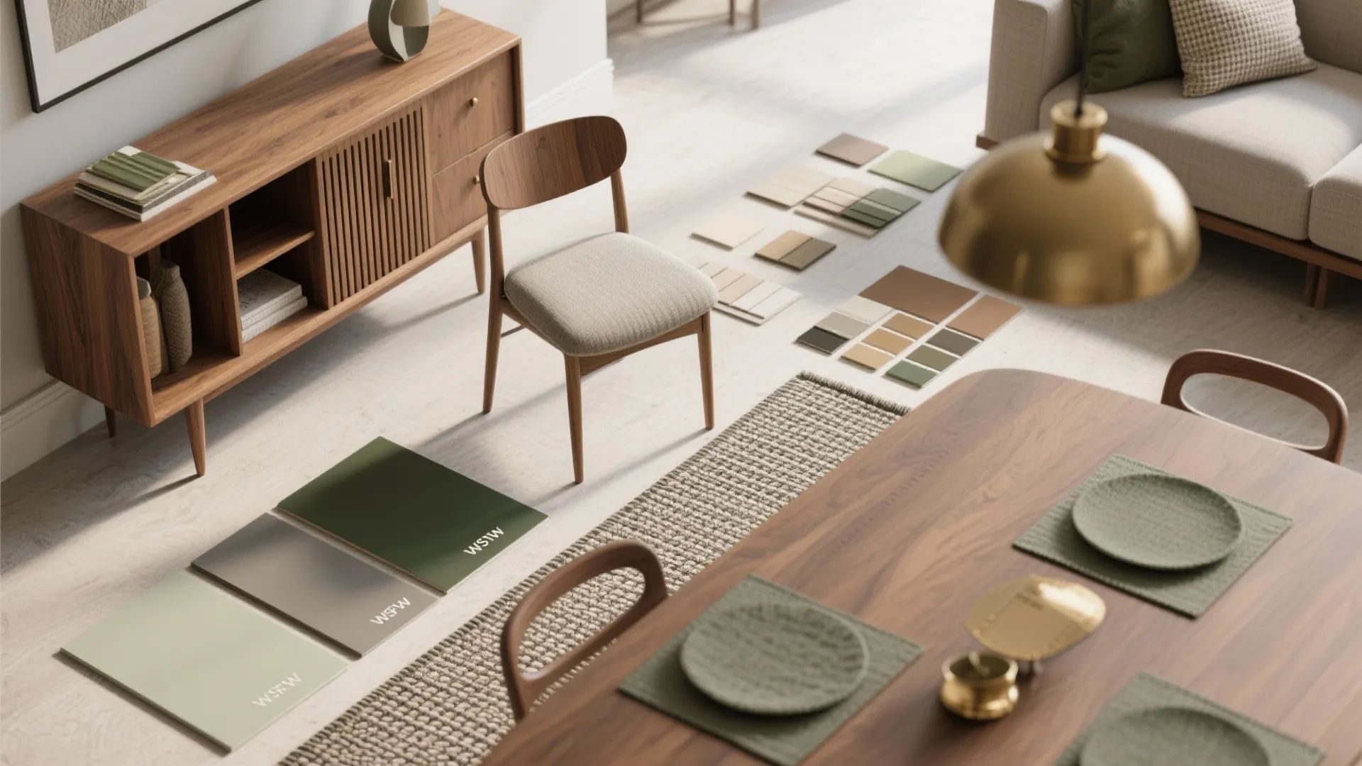 Modern dining room interior design drawing with wooden table chairs cabinet and green color palette samples