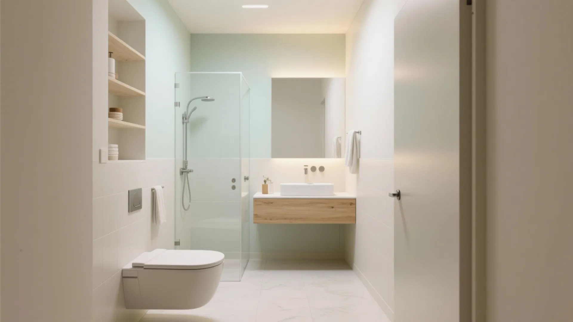 Tiny bathroom with warm white and pale sage cohesive palette and floating vanity.