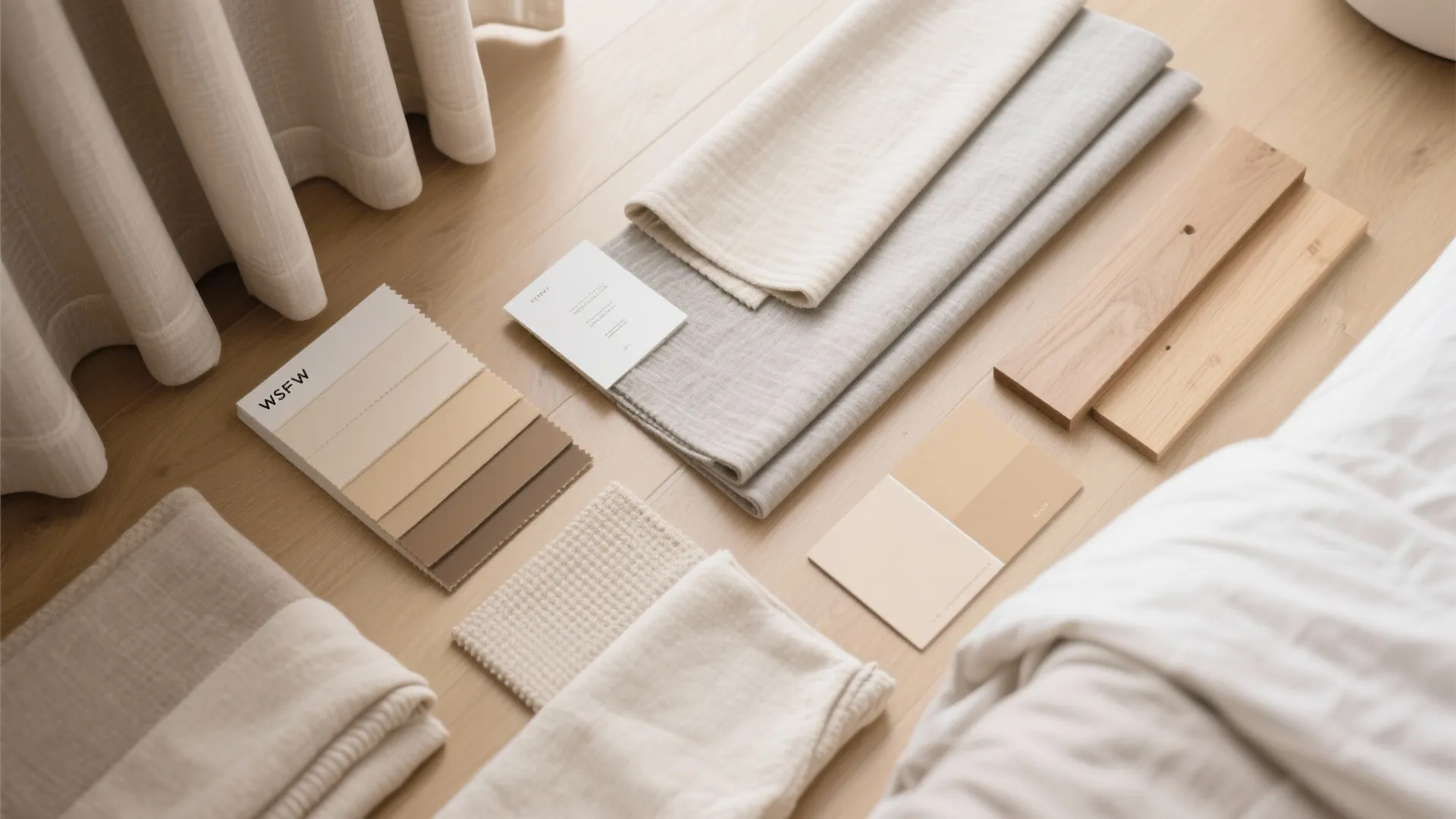 Interior design material board with beige fabric samples wood pieces and neutral color palette cards