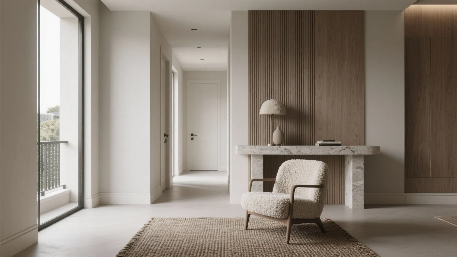 Modern cream hallway with wooden wall panel marble table white chair rug and natural light