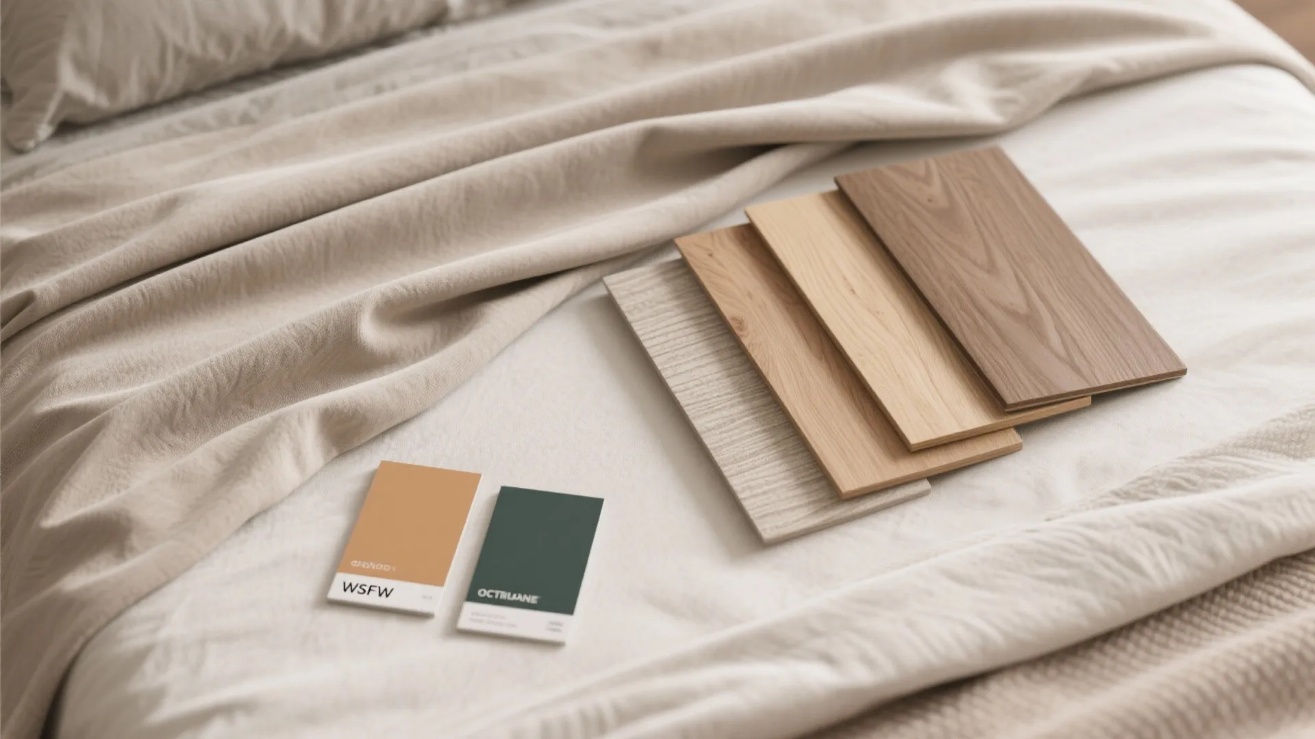 Interior design material board with wood samples and color cards on a soft white bed