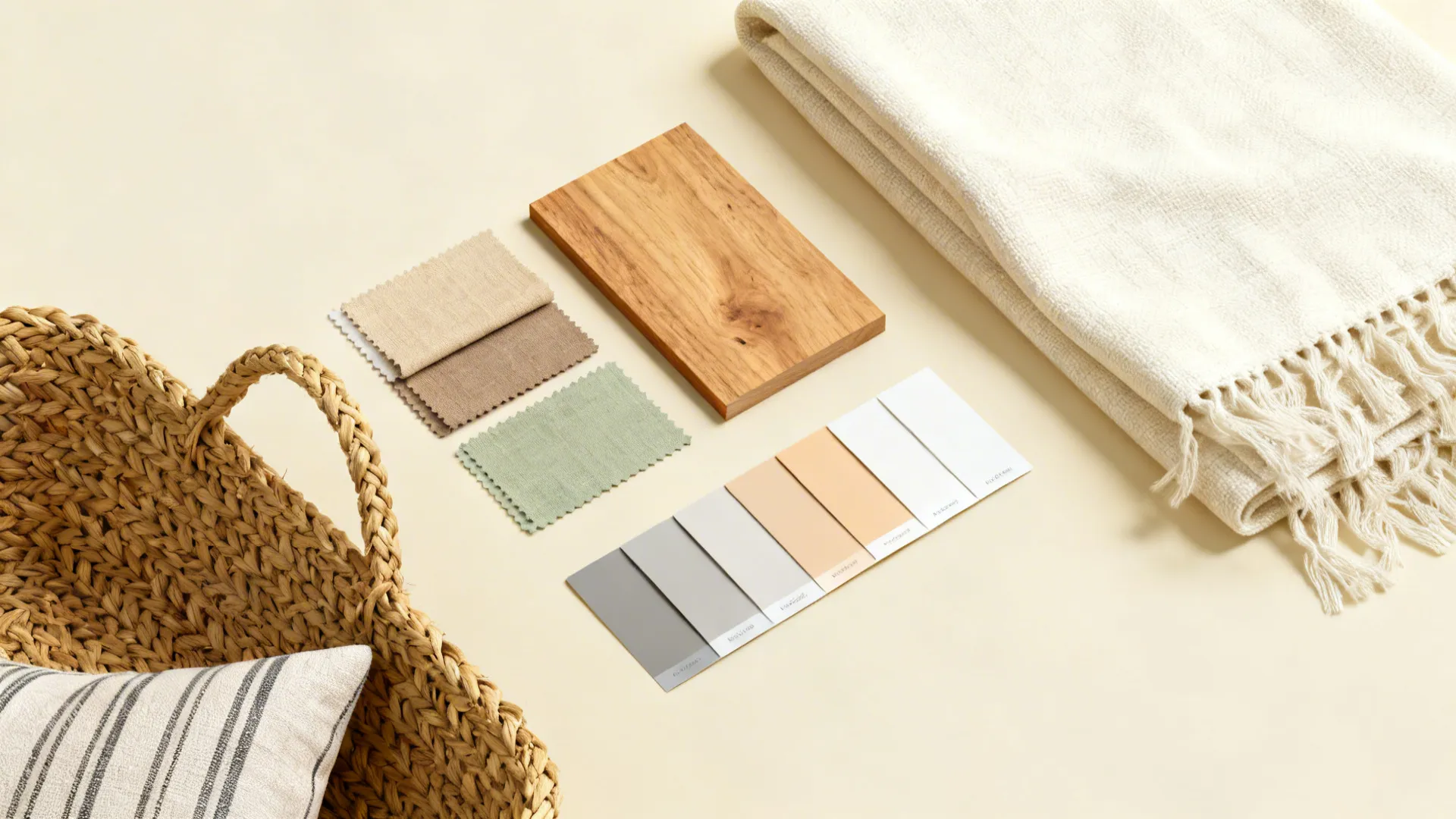Flatlay of neutral fabric swatches, wood sample, linen and woven textures for a cohesive small-room palette