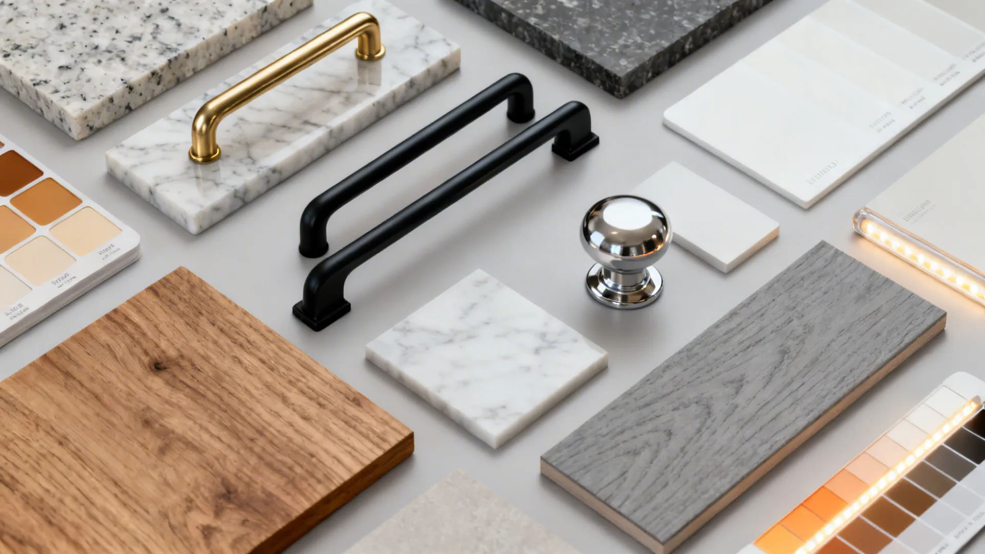 Top-down palette with brass, black, and nickel hardware beside wood, stone, and paint chips.