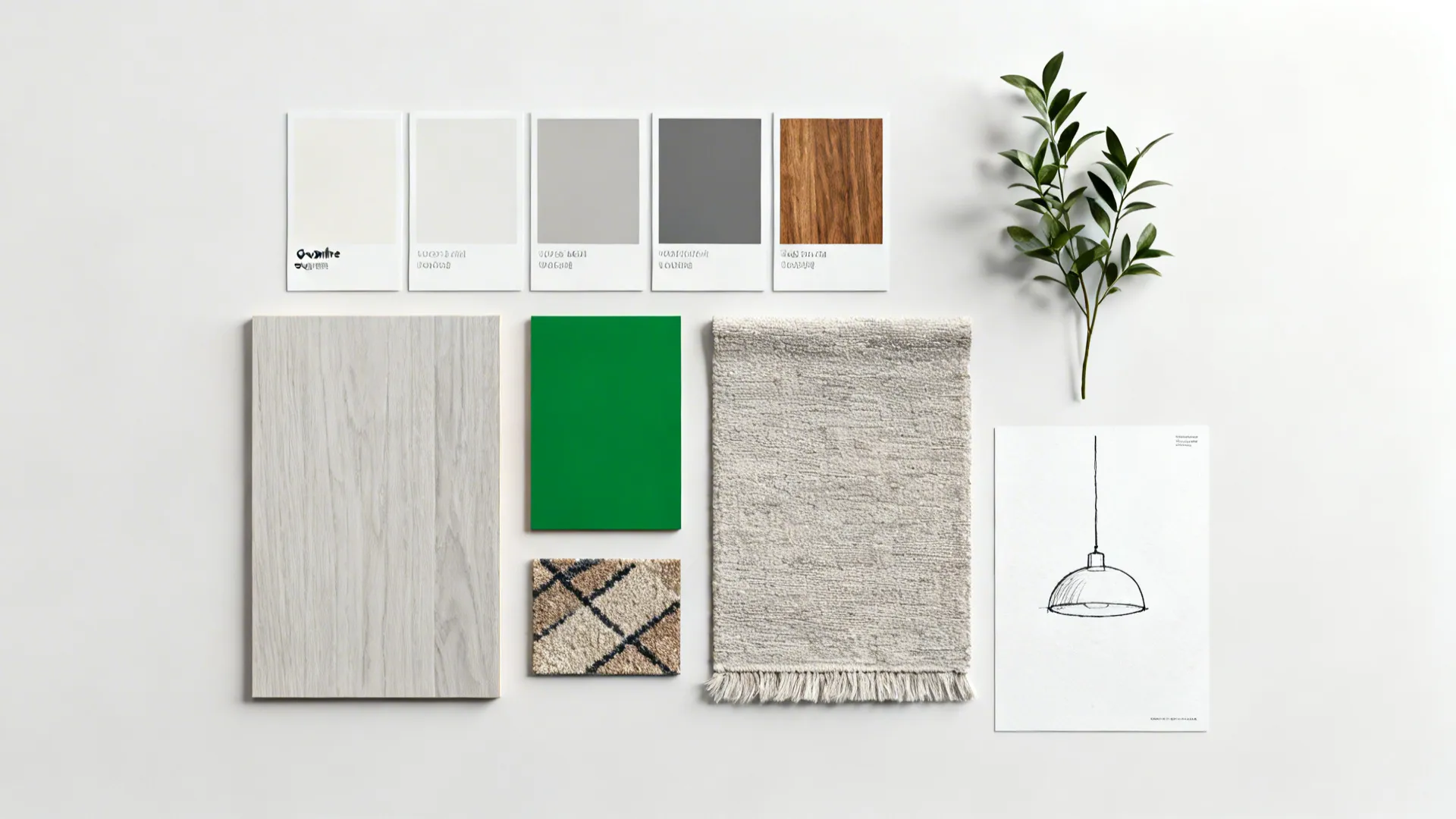Material and color flatlay showing neutral palette samples with a single bold green accent.