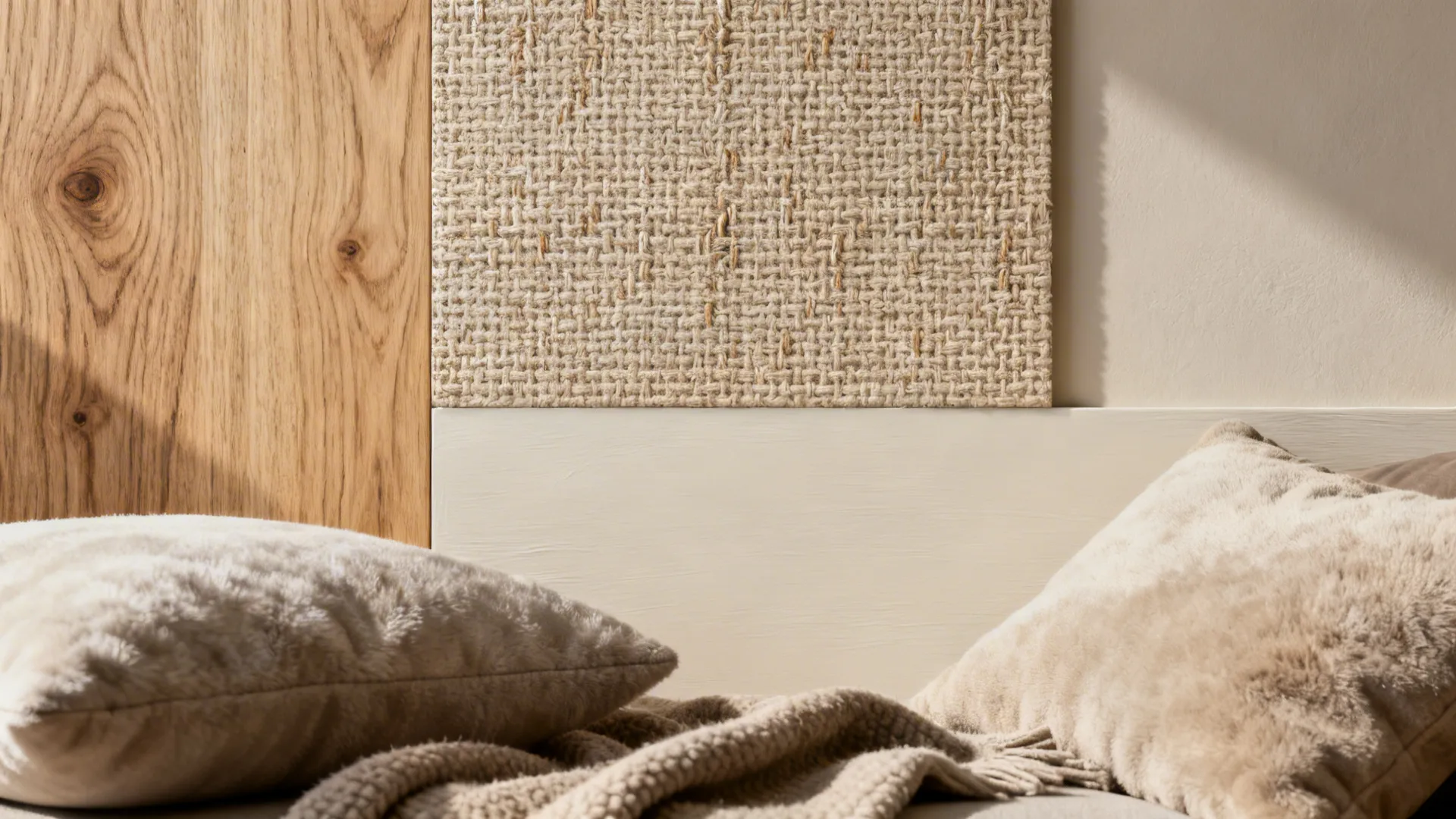 Close up of wood paneling woven wall texture and soft beige pillows on a bed