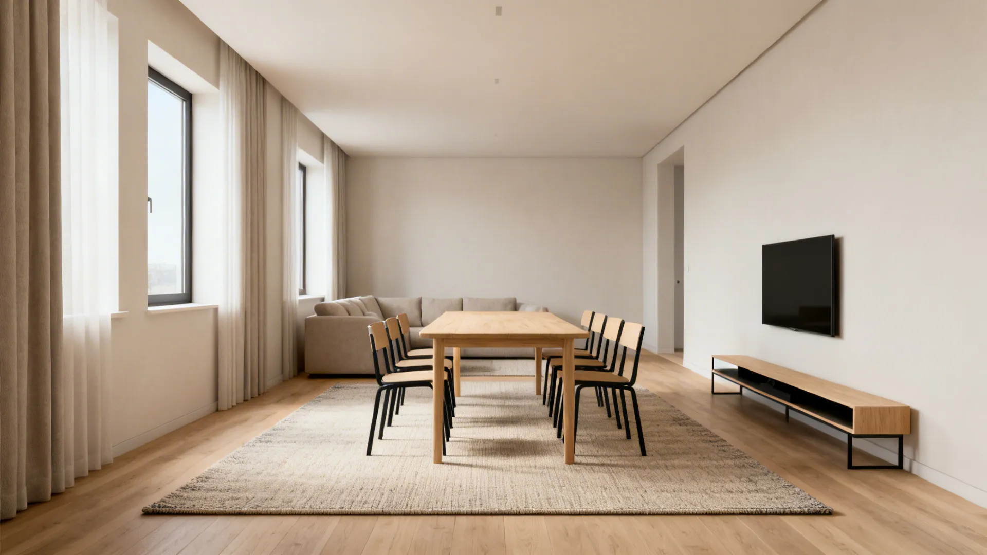 Modern dining room with wooden table and chairs on a large rug near a sofa