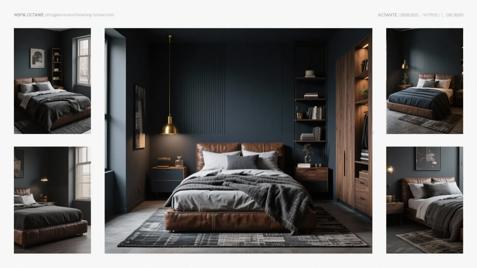Integrated view showing dark palette, textured bedding, smart storage, warm metal lighting and an industrial rug.