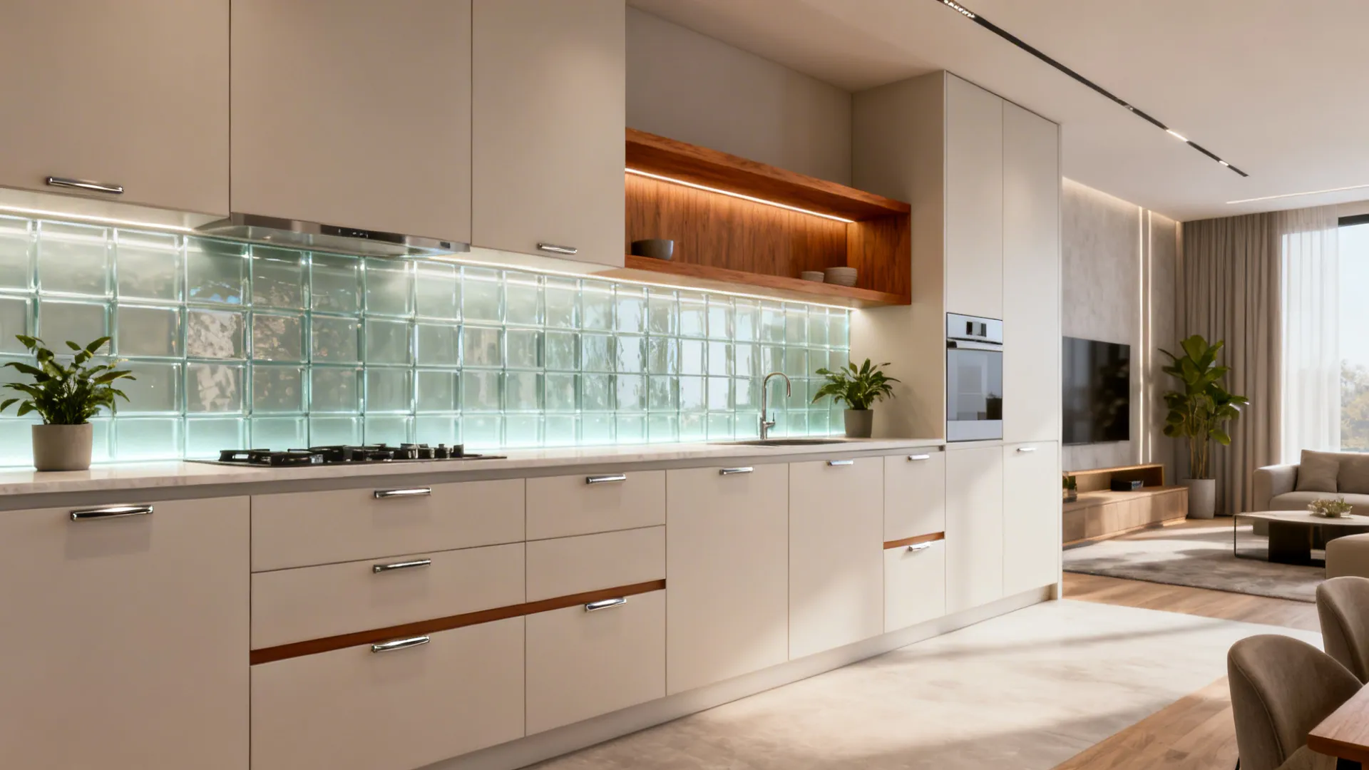 Matte light cabinets with a wood accent shelf and a glass backsplash in a compact open-plan kitchen.