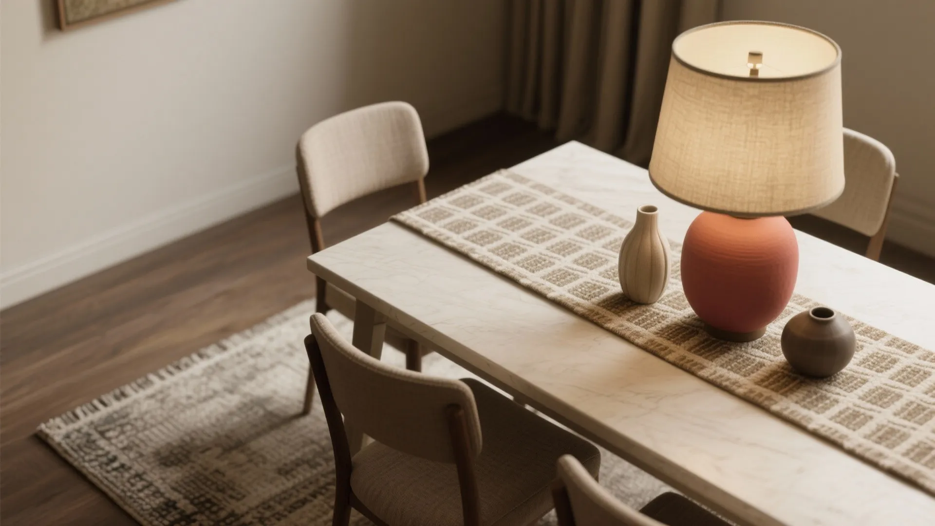 White dining table with an orange table light beige runner small vases and neutral chairs