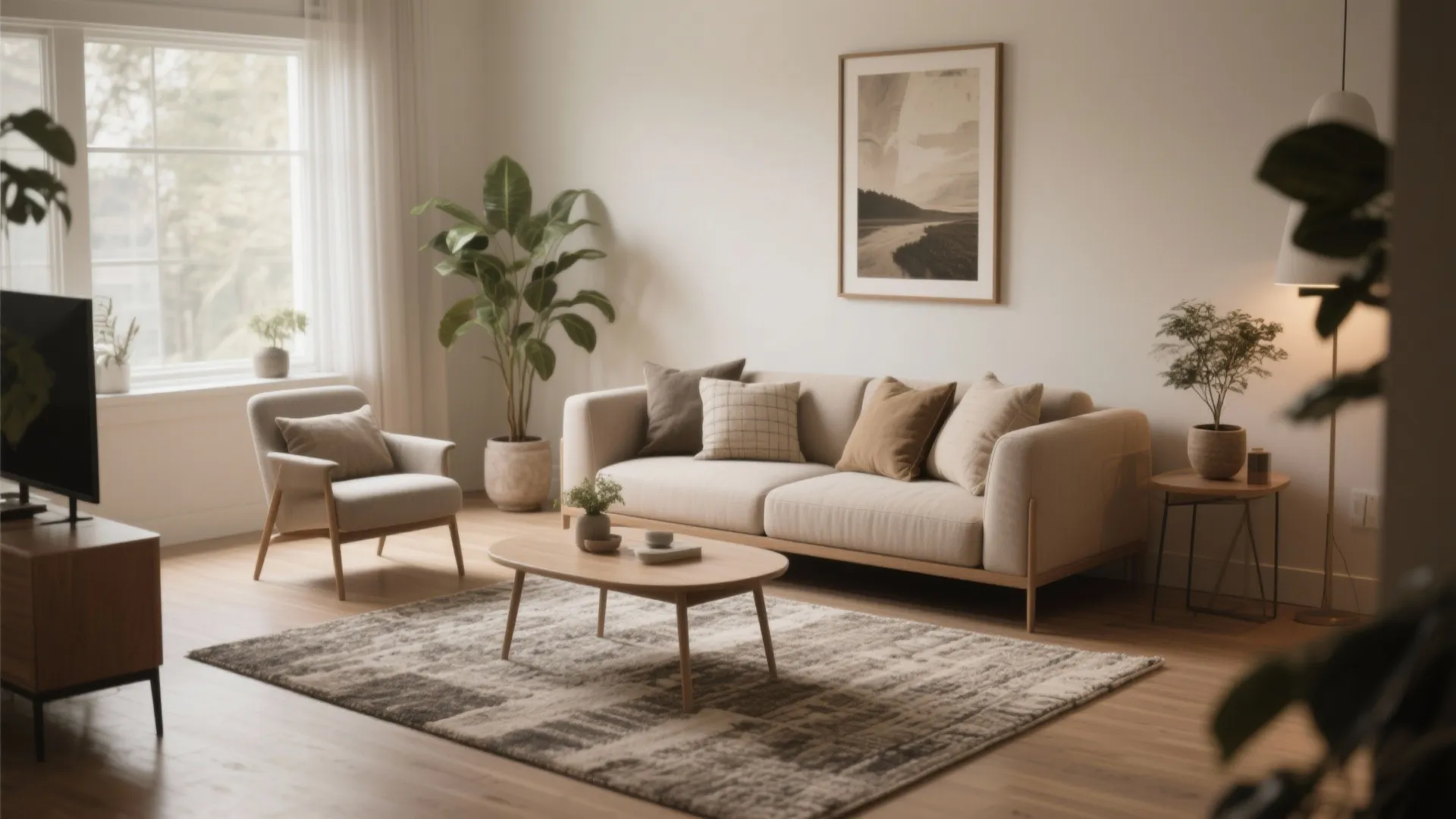 Modern warm living room with beige sofa armchair wooden coffee table patterned rug and indoor plants