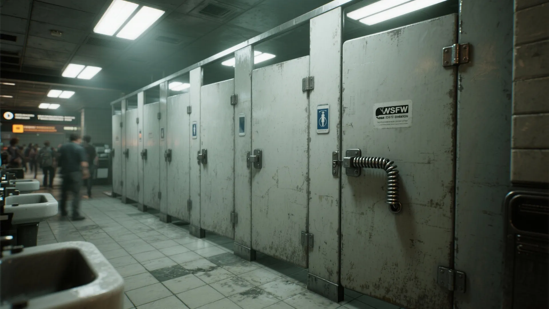 High-traffic public restroom stall with a coil spring latch visible on the door.