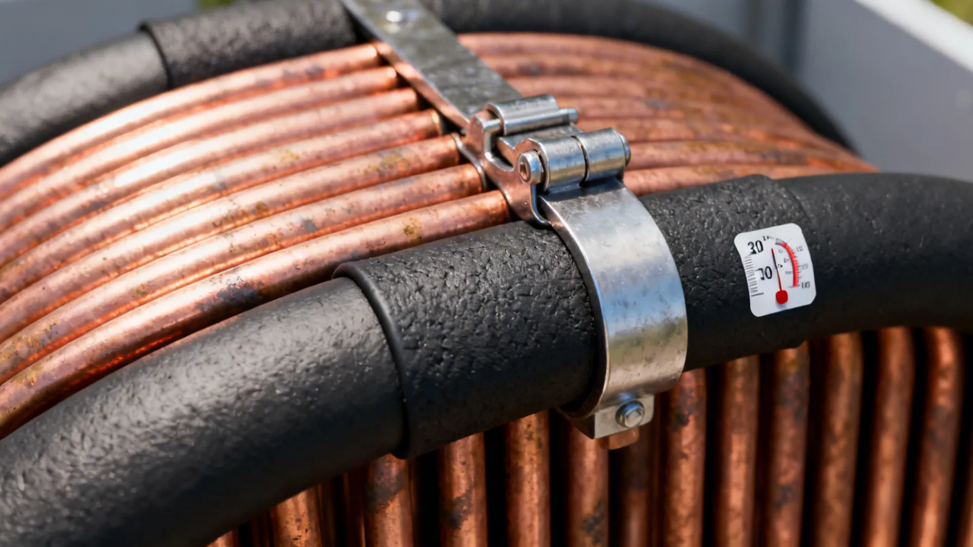 Macro of a copper coil and EPDM jacket on a digester with a small thermometer attached.