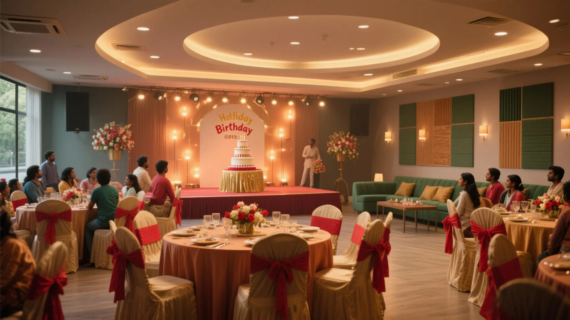 Birthday party hall featuring round tables red bows tiered cake on stage and warm lights