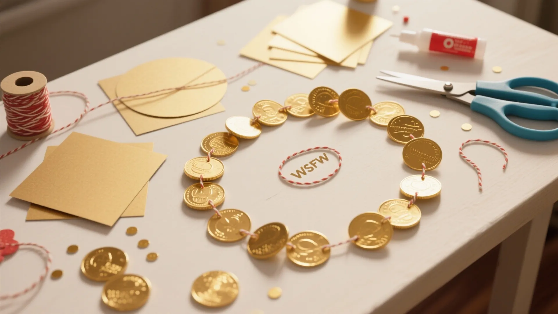 Handmade gold coin garland craft project on white table with scissors glue thread and paper