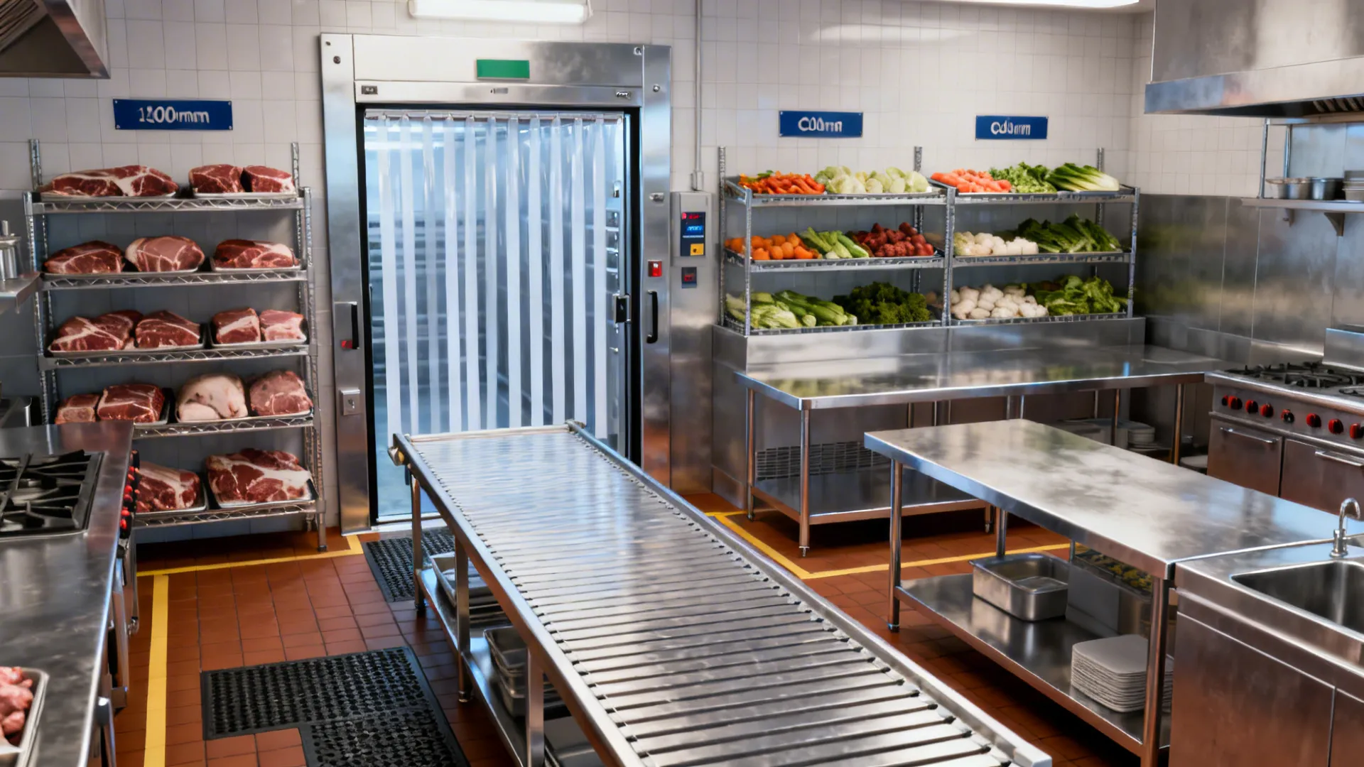 Compact kitchen with direct path from receiving to walk-in and adjacent cold prep tables.