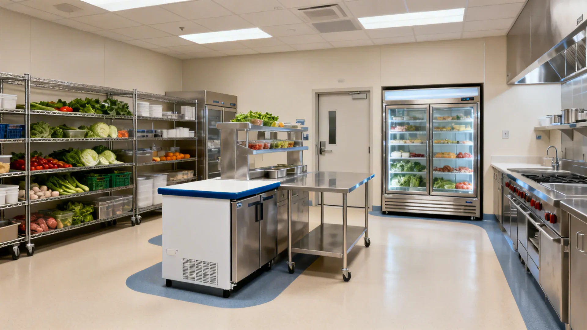Salad prep station with nearby undercounter fridge, relocated walk-in, and glass-door reach-in.