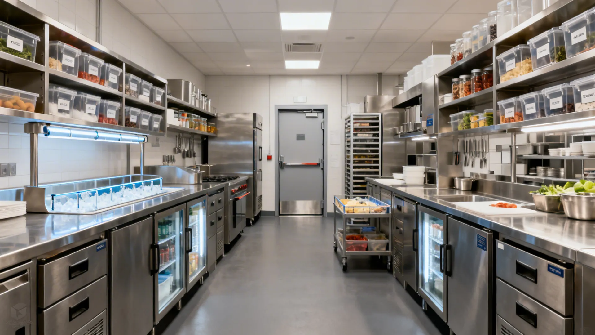 Compact hotel kitchen with walk-in near receiving and undercounter fridges at stations.