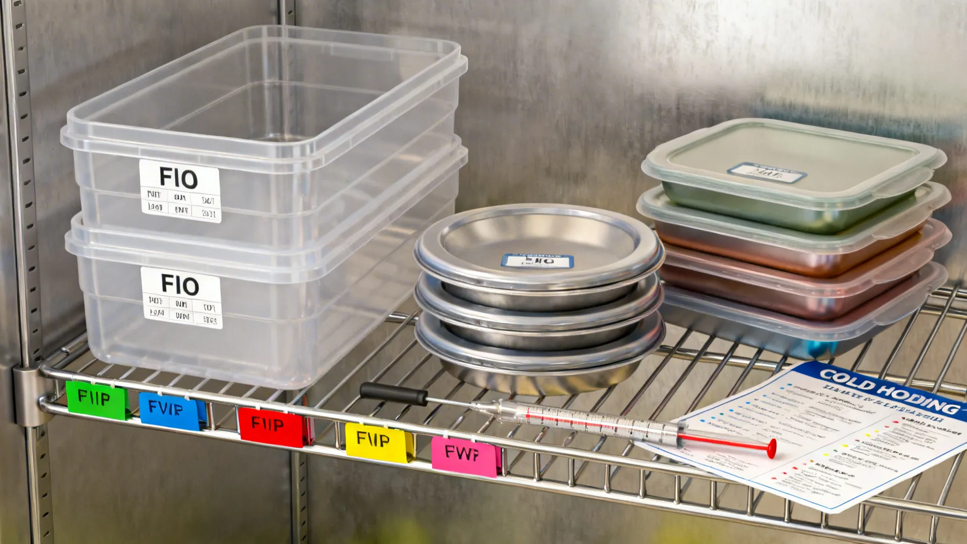 Flat lay of clear bins, labeled pans, shelf tags, and a thermometer for cold chain control.
