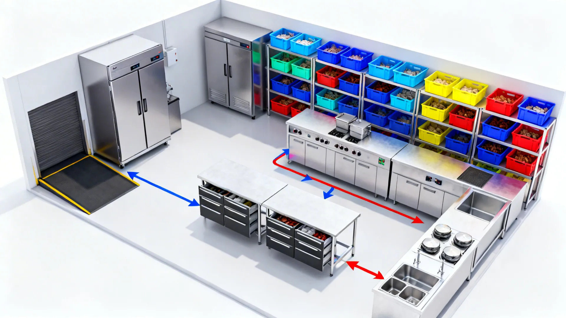 Top-down visualization of receiving-to-prep-to-pass cold-chain path.