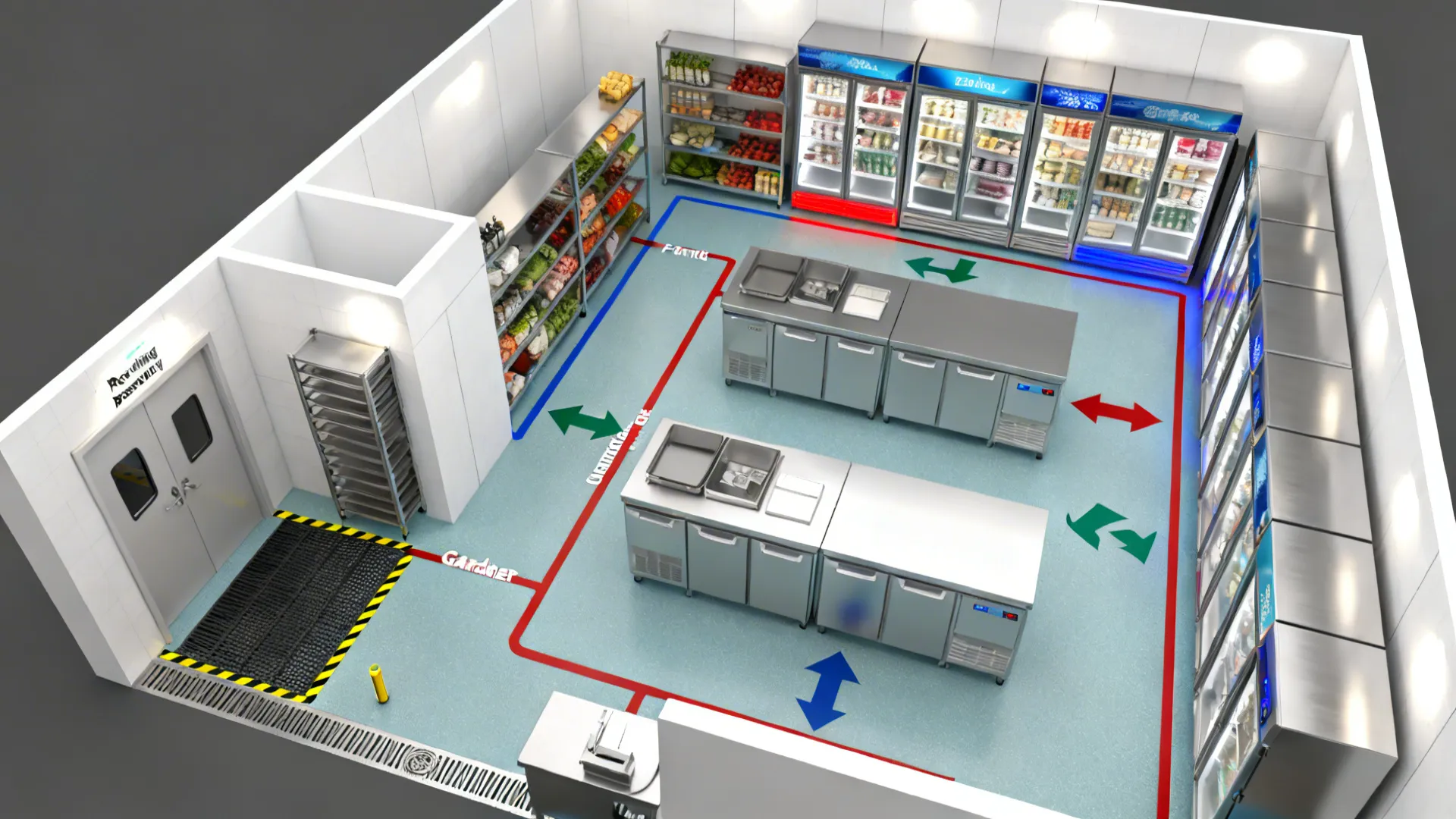 Top-down plan of receiving, FIFO shelving, undercounter fridges, walk-in, and blast chiller.