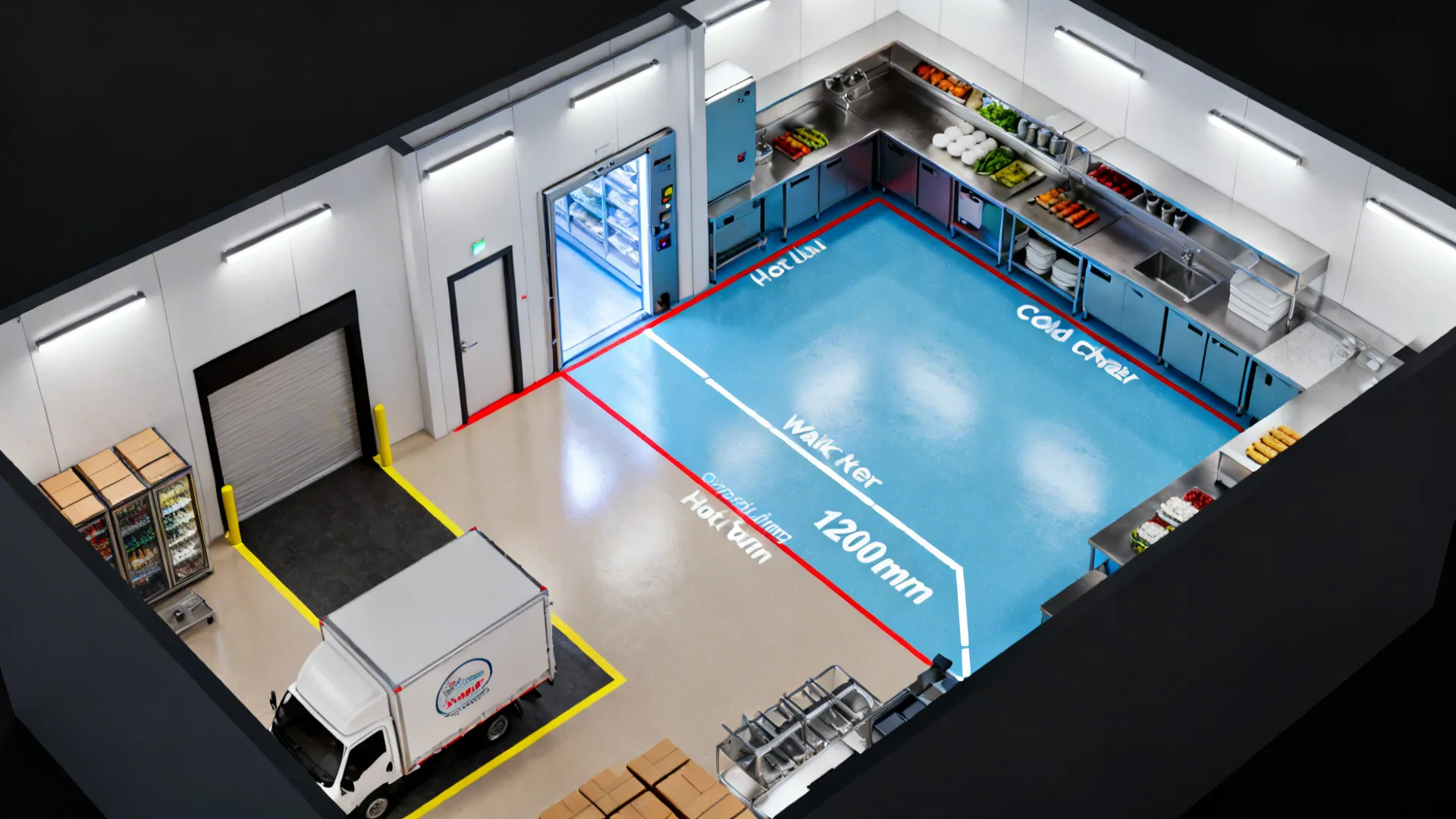Top-down cold-chain layout showing direct routes and door clearance zones.