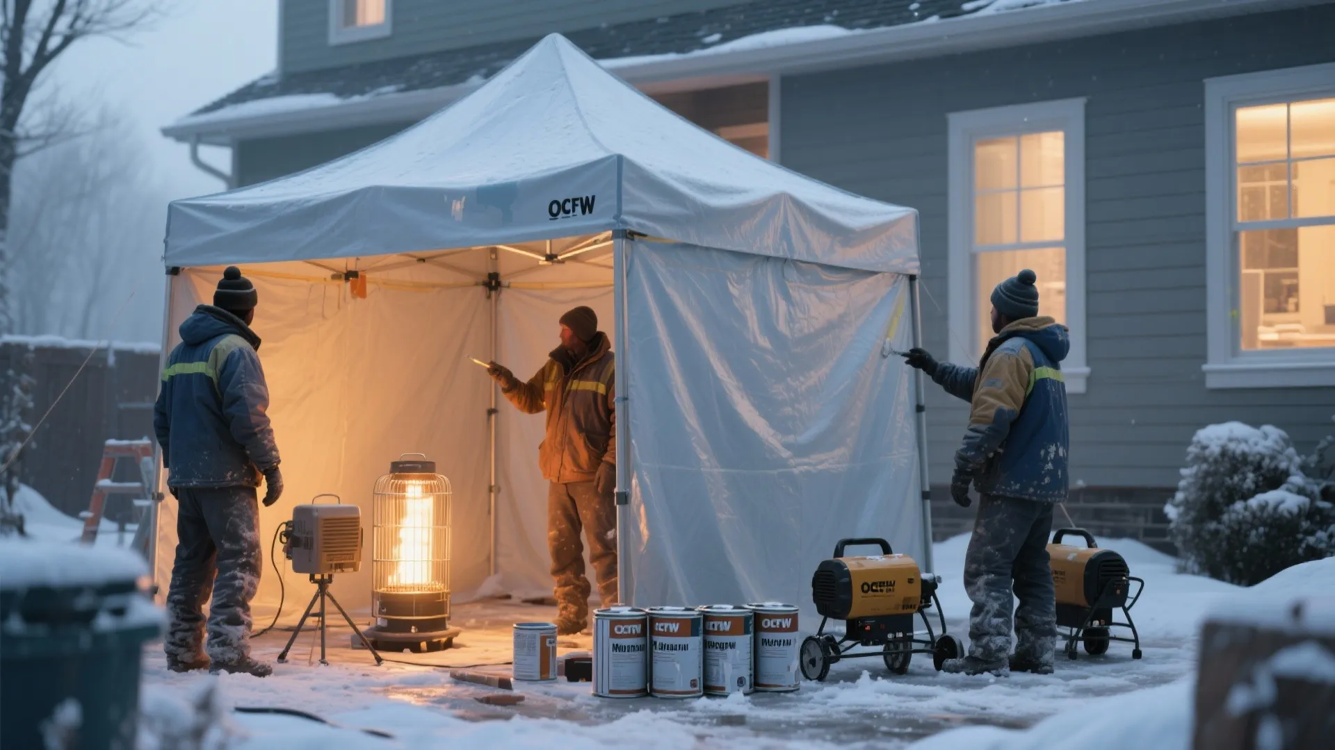 Workers painting house exterior under a white tent with heaters during cold and snowy winter