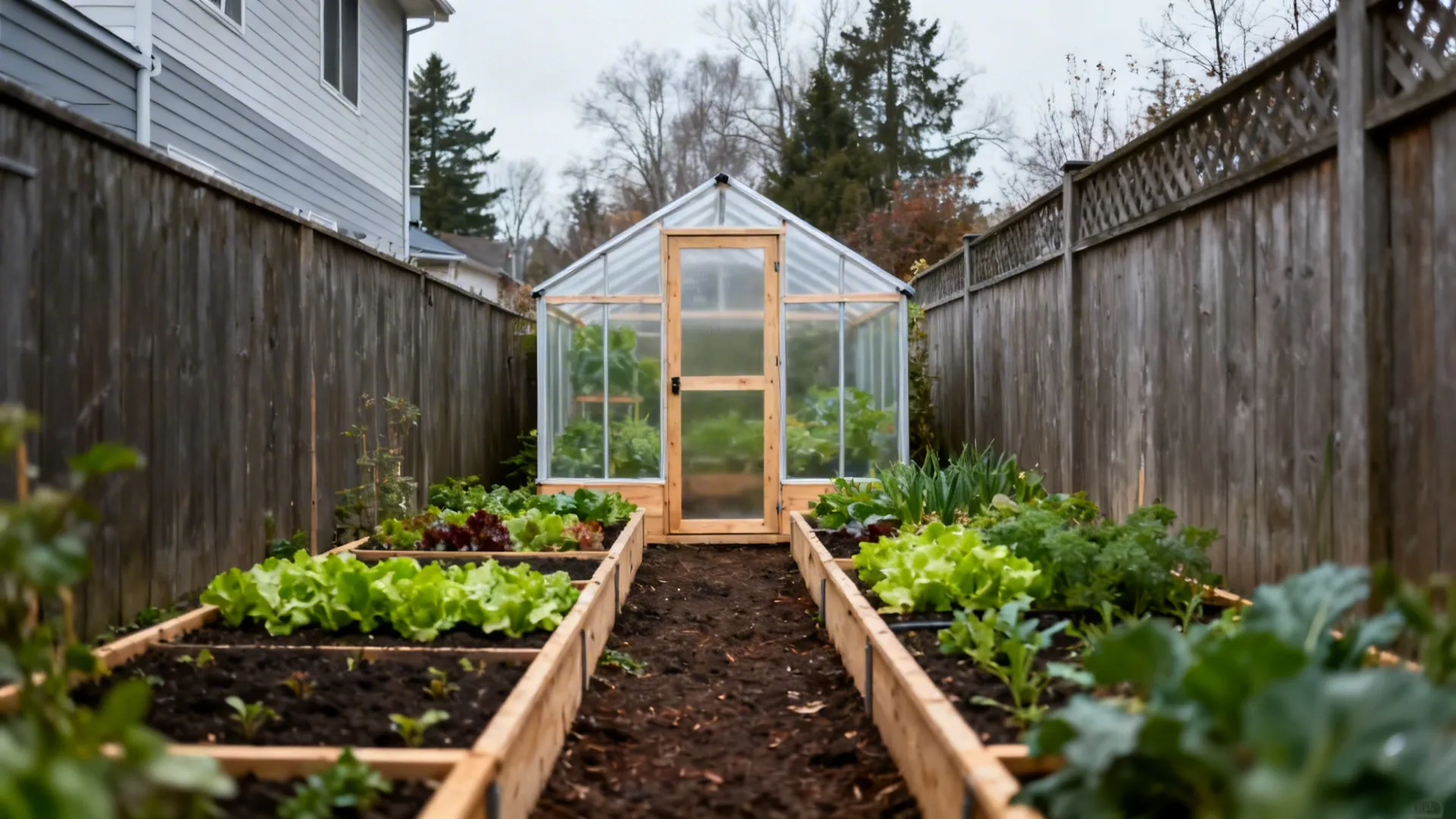 Raised cold frame with succession beds in a small backyard extending the growing season