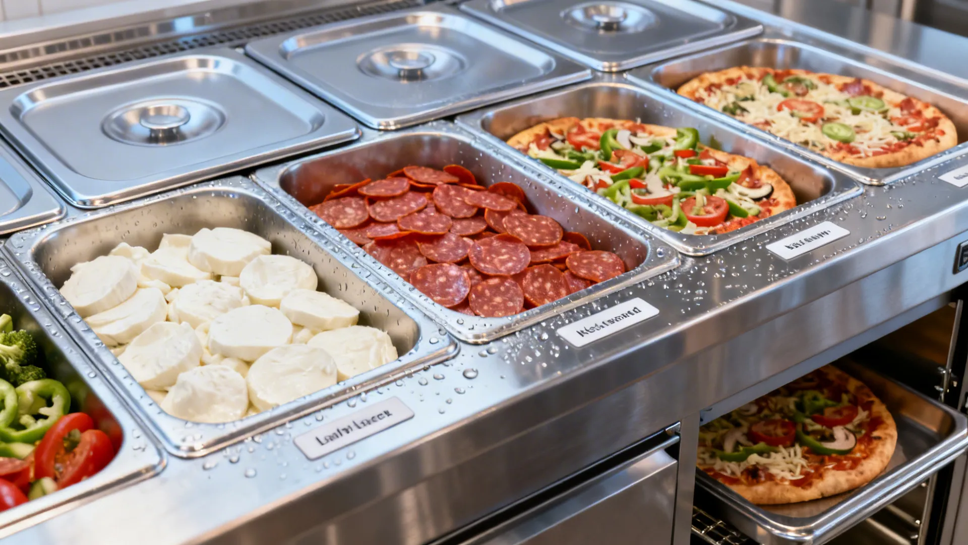 Macro of insulated make table wells with labeled pans and fresh toppings kept cold.