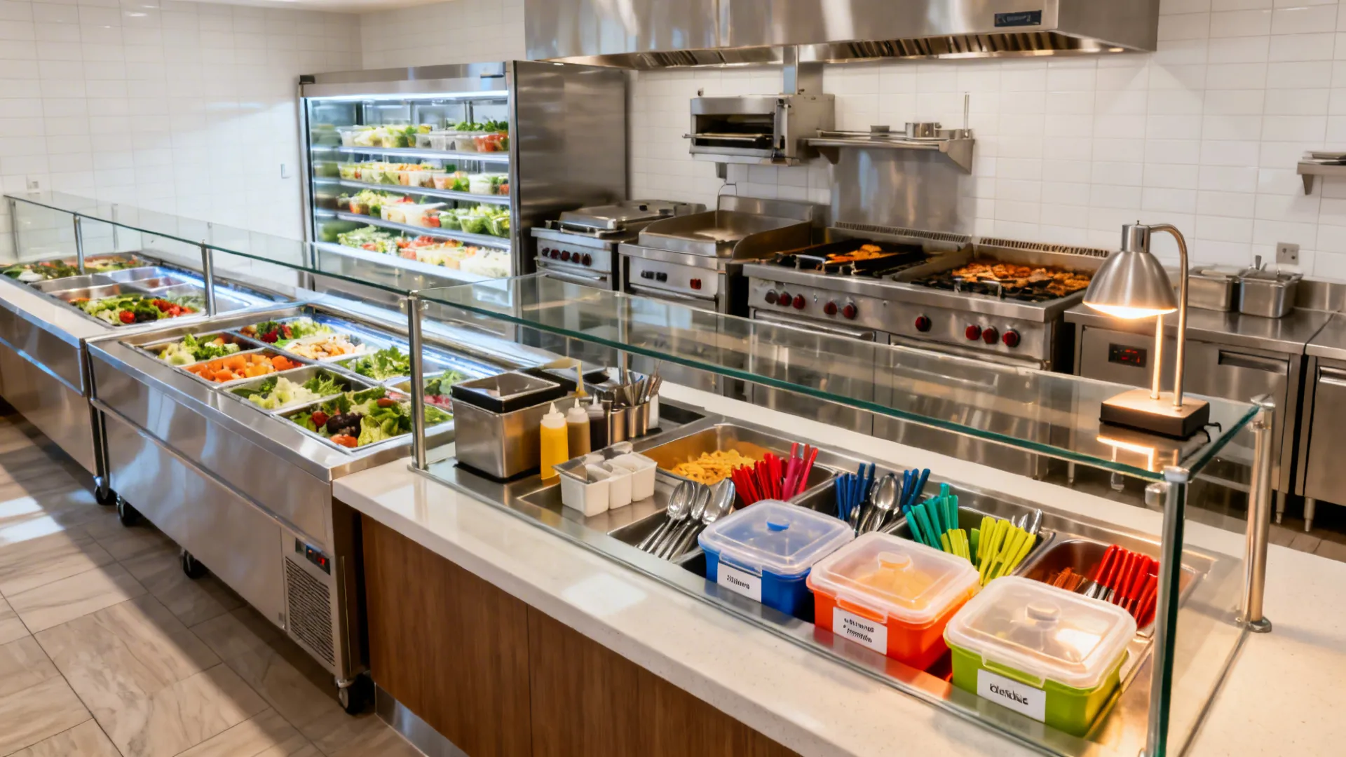 Hotel kitchen with cold and hot zones separated and a dedicated allergen-safe mini line