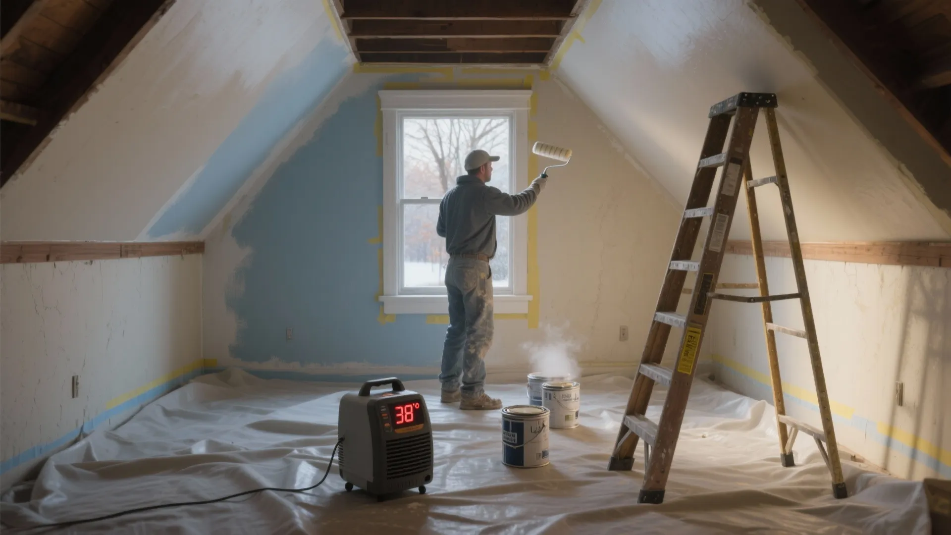 Professional painter using a roller in an attic room while a portable heater warms the space