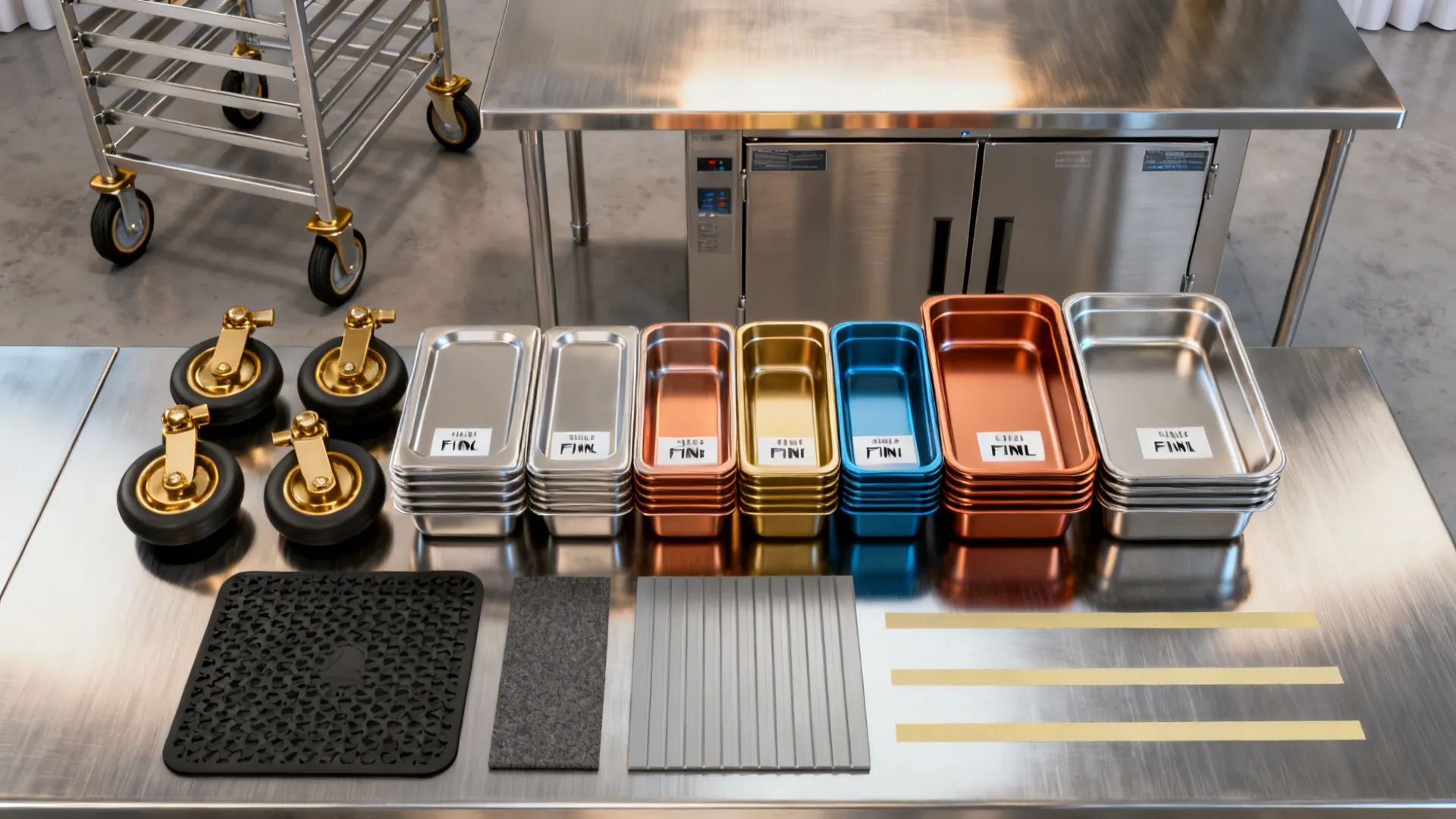 Colorful metal trays and gold wheels placed on a stainless steel table for kitchen design