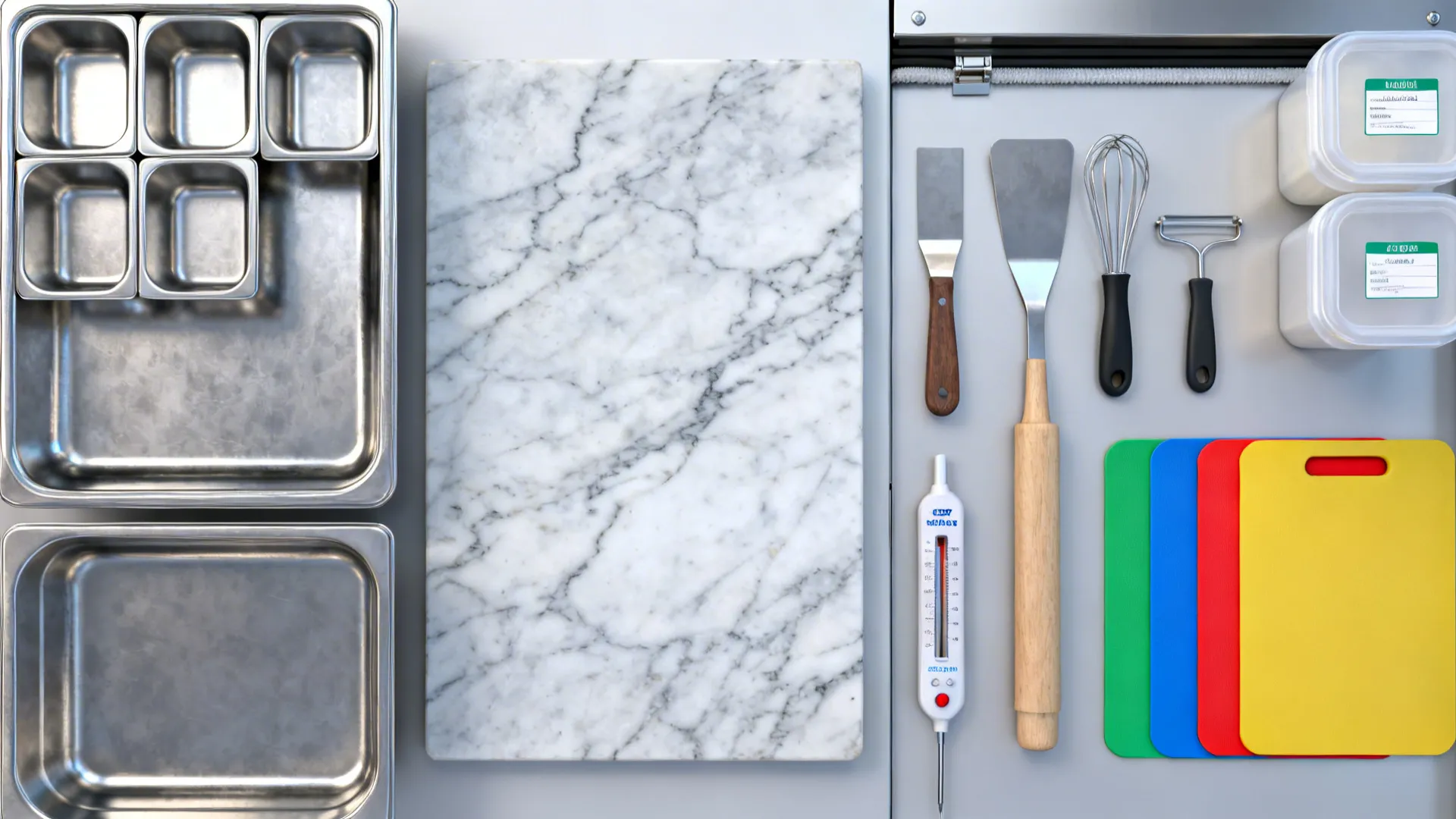 Overhead view of kitchen tools with marble cutting board metal containers spatulas and colorful plastic boards