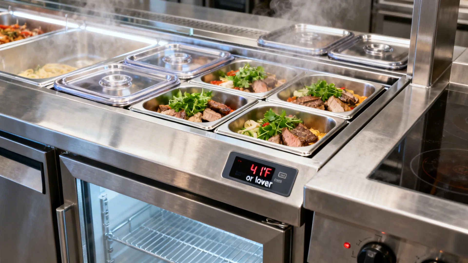 Embedded refrigerated cold rail next to the hot line with lidded pans and lowboy fridge.