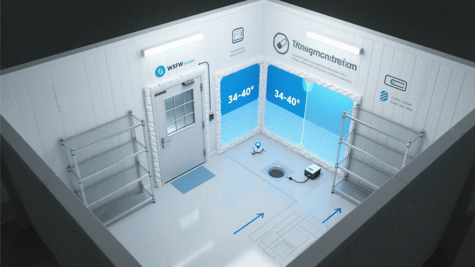 Interior design drawing of a white storage room with metal shelves, door, and floor drain