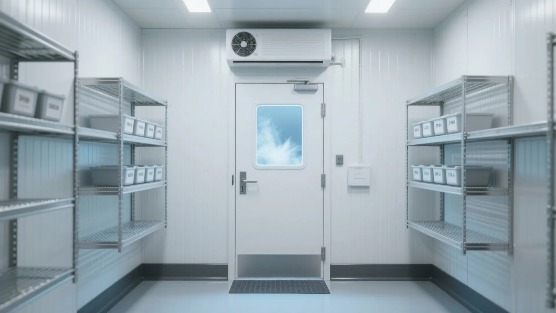 Clean white cold storage room with metal shelving units and a single white heavy door