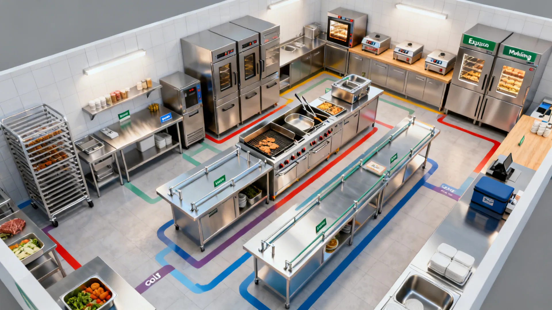 Top-down view of zoned cloud kitchen flow from cold prep to hot line to packing with separate courier path.