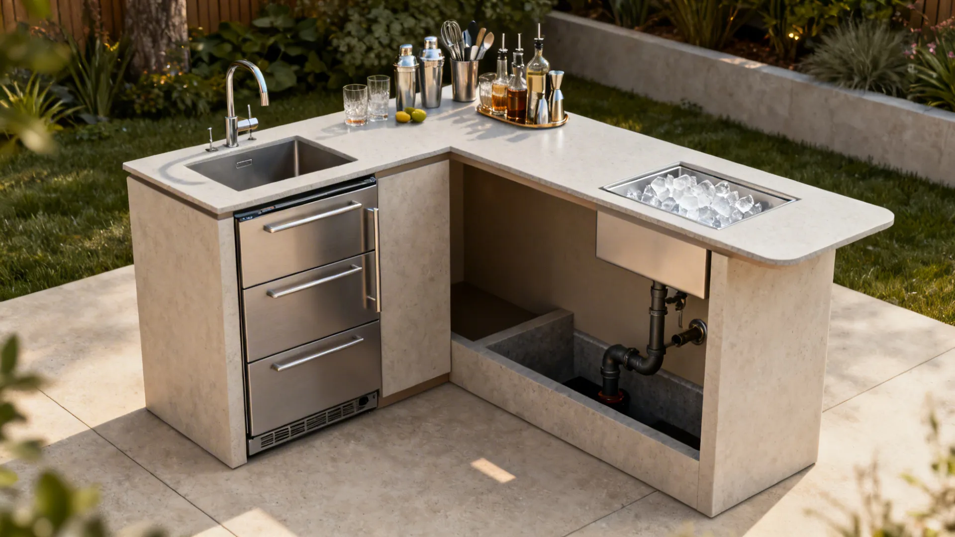 Compact L-shaped bar setup with corner sink, drawer fridge, and built-in ice well for smooth workflow.