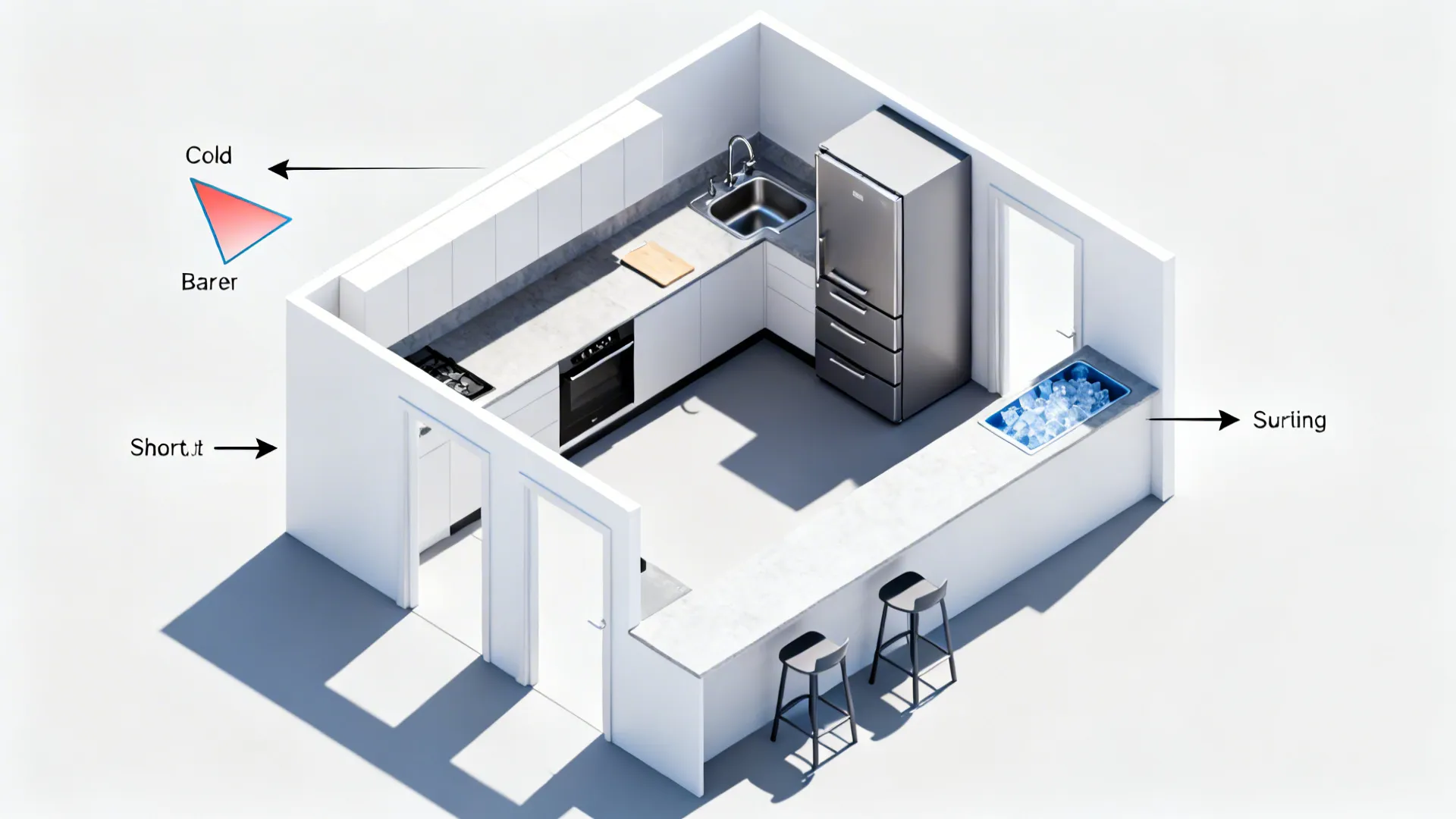 Top-down plan showing corner sink, drawer fridge, and ice well forming a cold triangle in an L layout.
