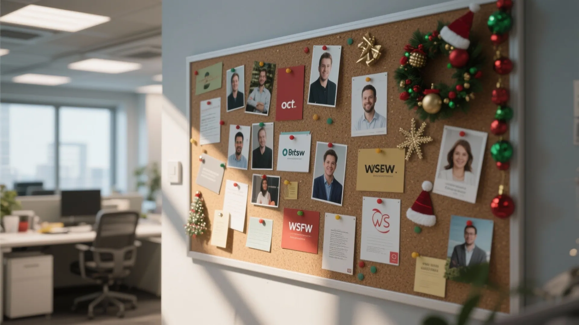 Cork board in an office with photos of people, notes, and festive Christmas holiday decorations