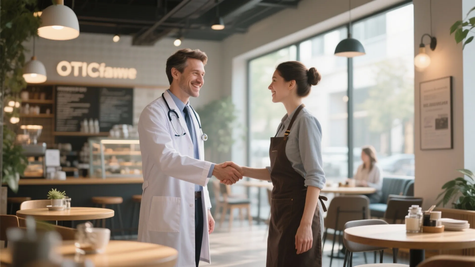 Male doctor in white coat shaking hands with female cafe worker in modern coffee shop