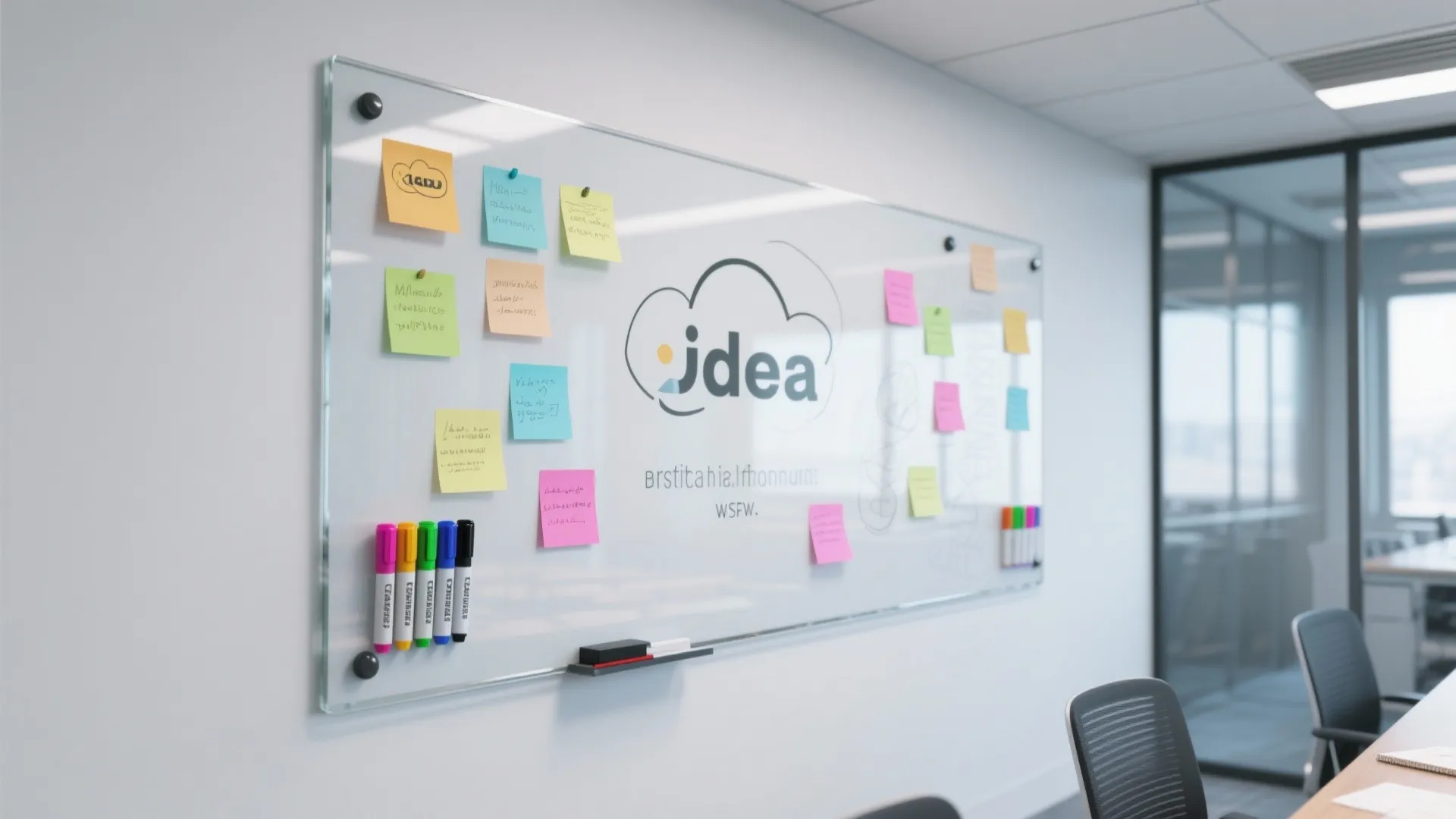 Glass whiteboard with colorful sticky notes and markers on wall in a modern office room layout