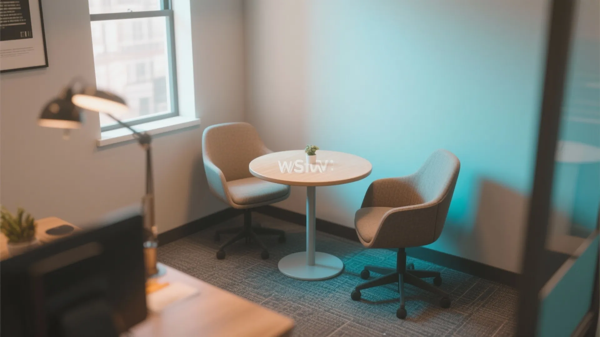 Small office meeting corner with round wooden table two grey chairs desk lamp and window