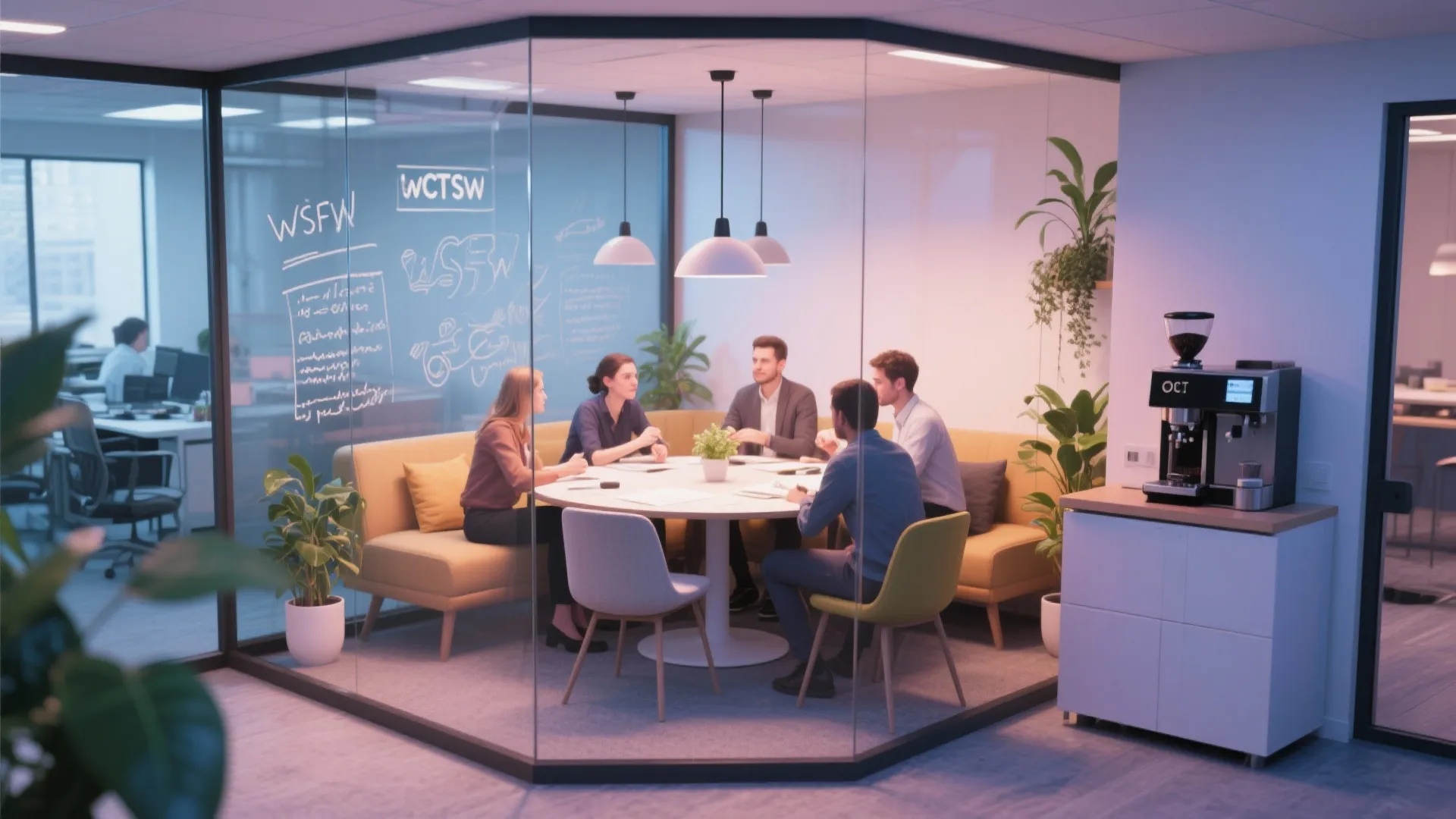 Group of people meeting in a glass office room with yellow sofa and white table