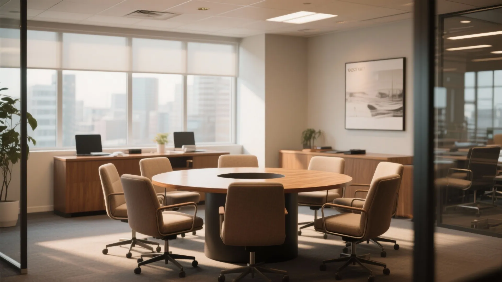 Round wooden meeting table with beige chairs in bright office with large windows and cabinets