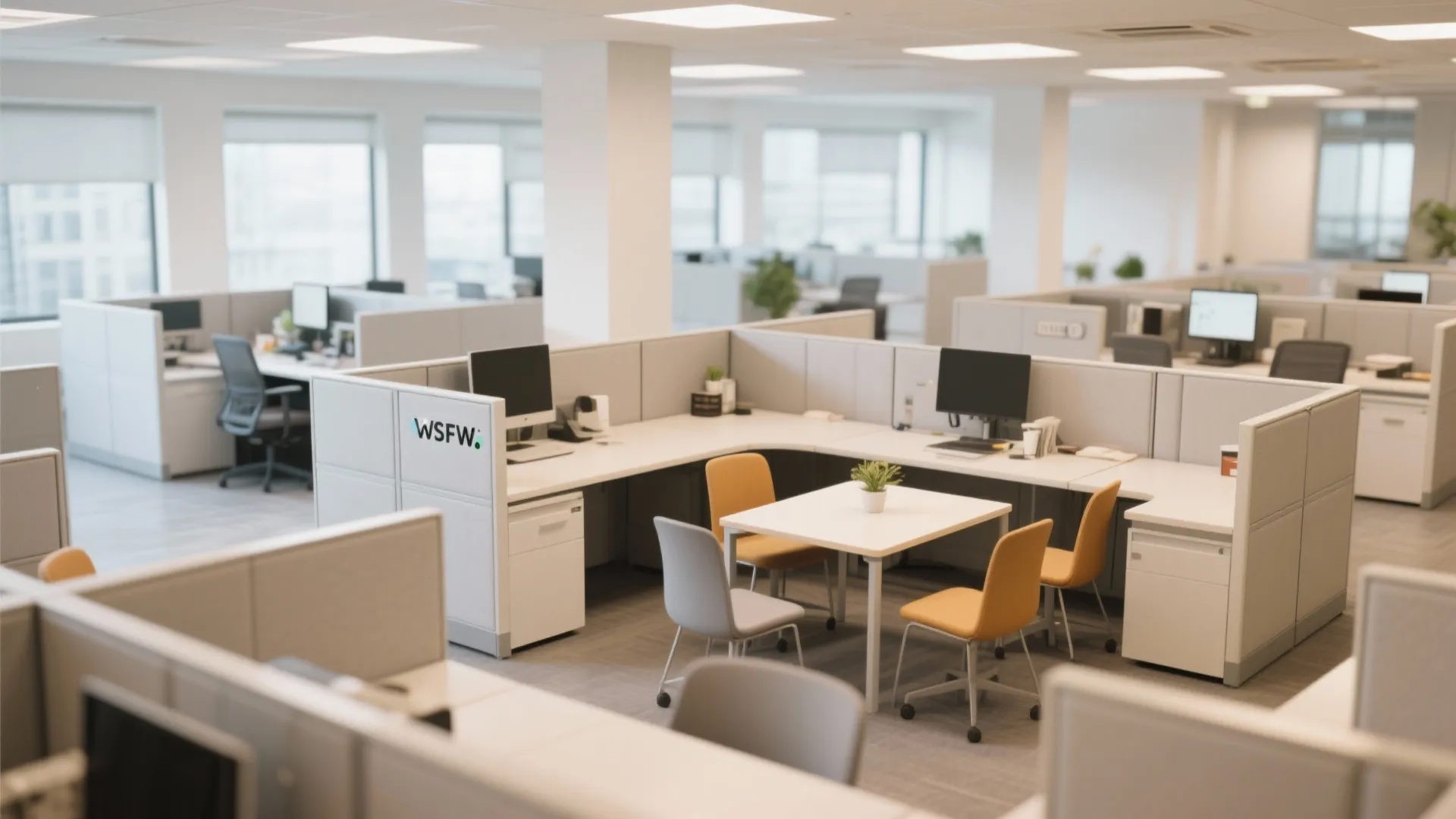 Open plan office with several workstations grey partitions white desks yellow chairs and large windows