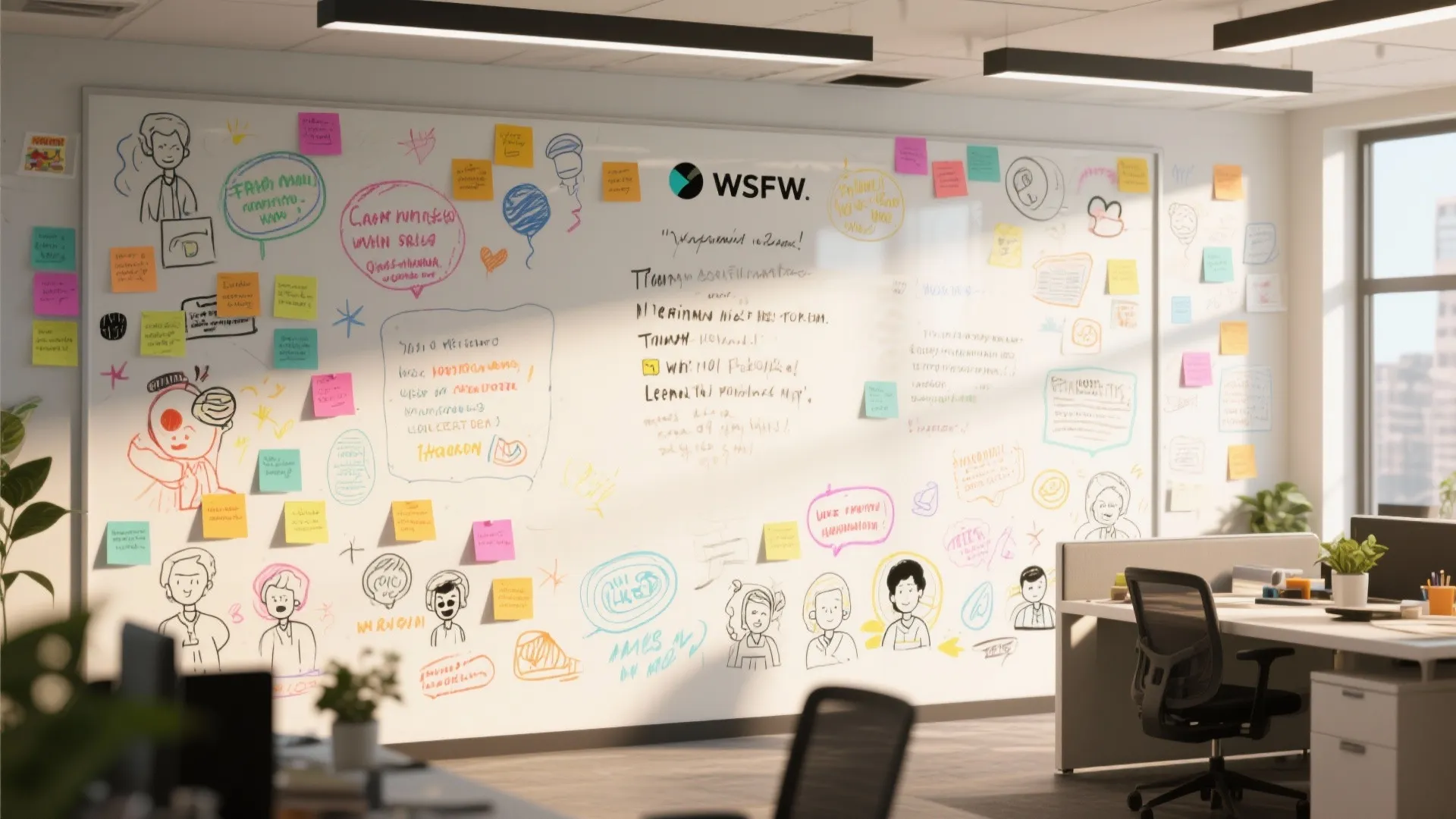 Large office whiteboard covered in colorful sticky notes and hand-drawn sketches for creative team collaboration