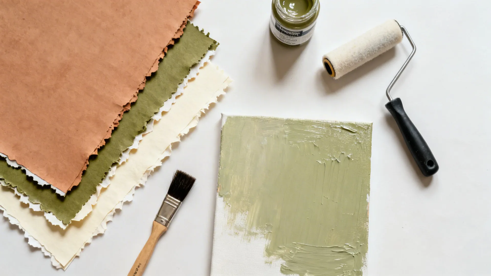 Flat lay of torn-edge papers, gel medium, brush, and canvas base for collage art.