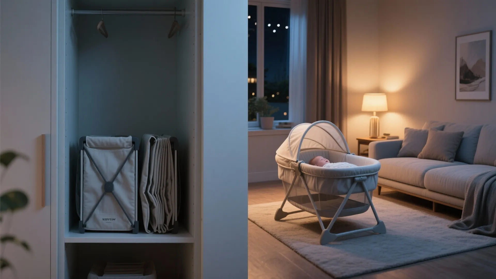 Foldable baby bed stored in a closet next to a living room with grey sofa